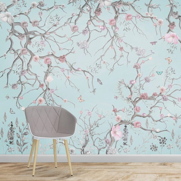 Turquoise Spring Flowers Wall Murals Wallpaper